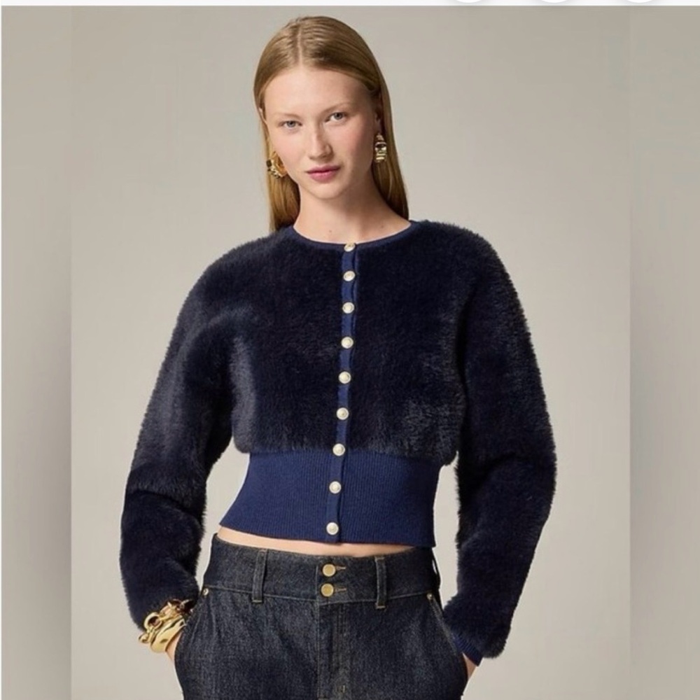 J. Crew Navy Plush Cardigan with Gold Button Detail